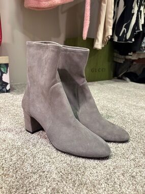Suede Mid-Heel Ankle Boots in Taupe